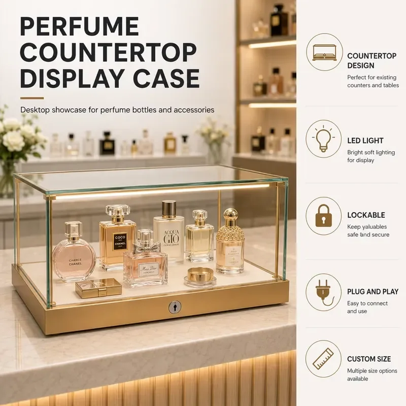 Perfume Countertop Glass Display Case LED Lockable Desktop Showcase for Bottles Stores