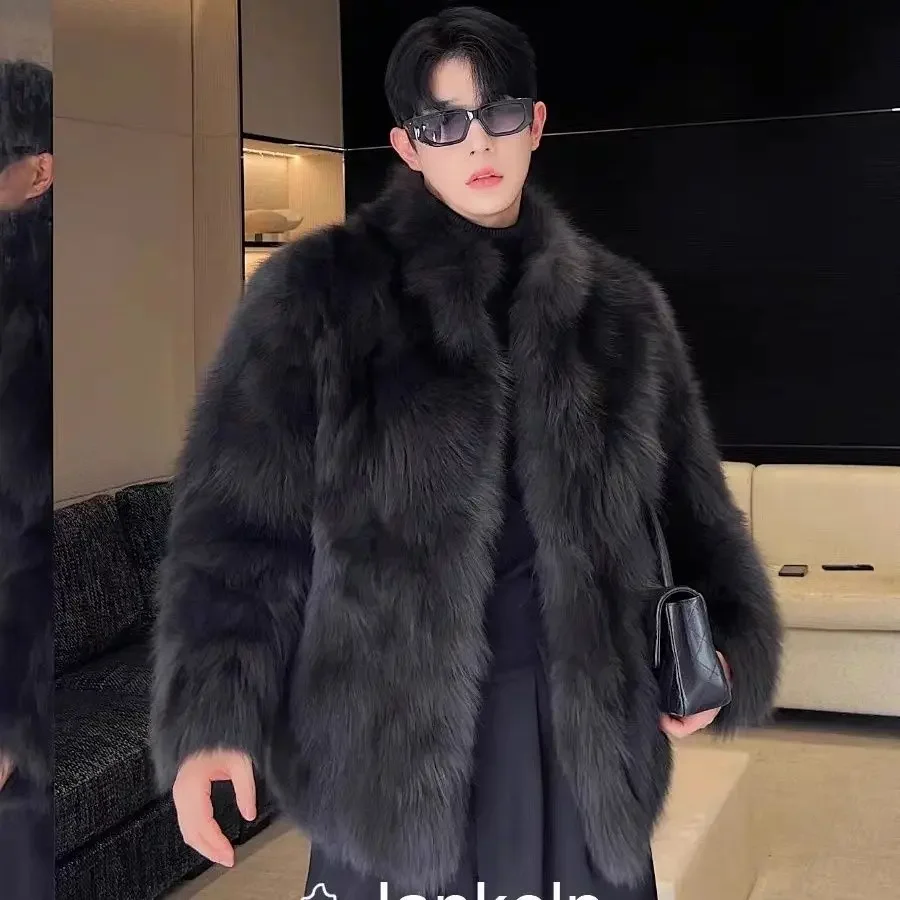 2024 Winter Men New Faux Fur Men\'s Coat Thickened Fox Sable Solid Black   One Piece   Wear Jackets A215