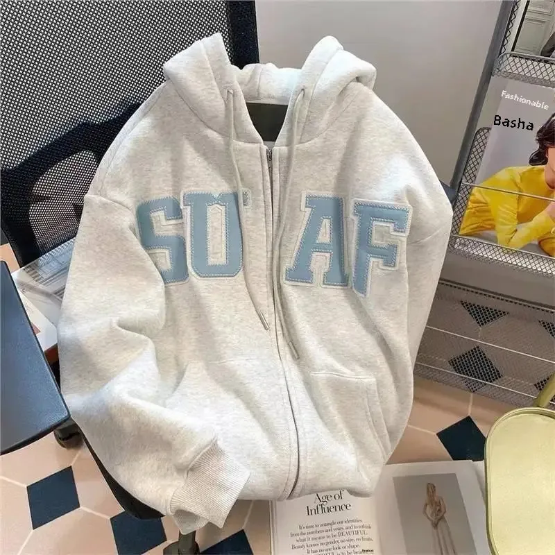 سترة سميكة من الصوف بغطاء للرأس وسحاب مفتوح سترة نسائية للخريف والشتاء معطف كلاسيكي على طراز الكلية الأمريكية