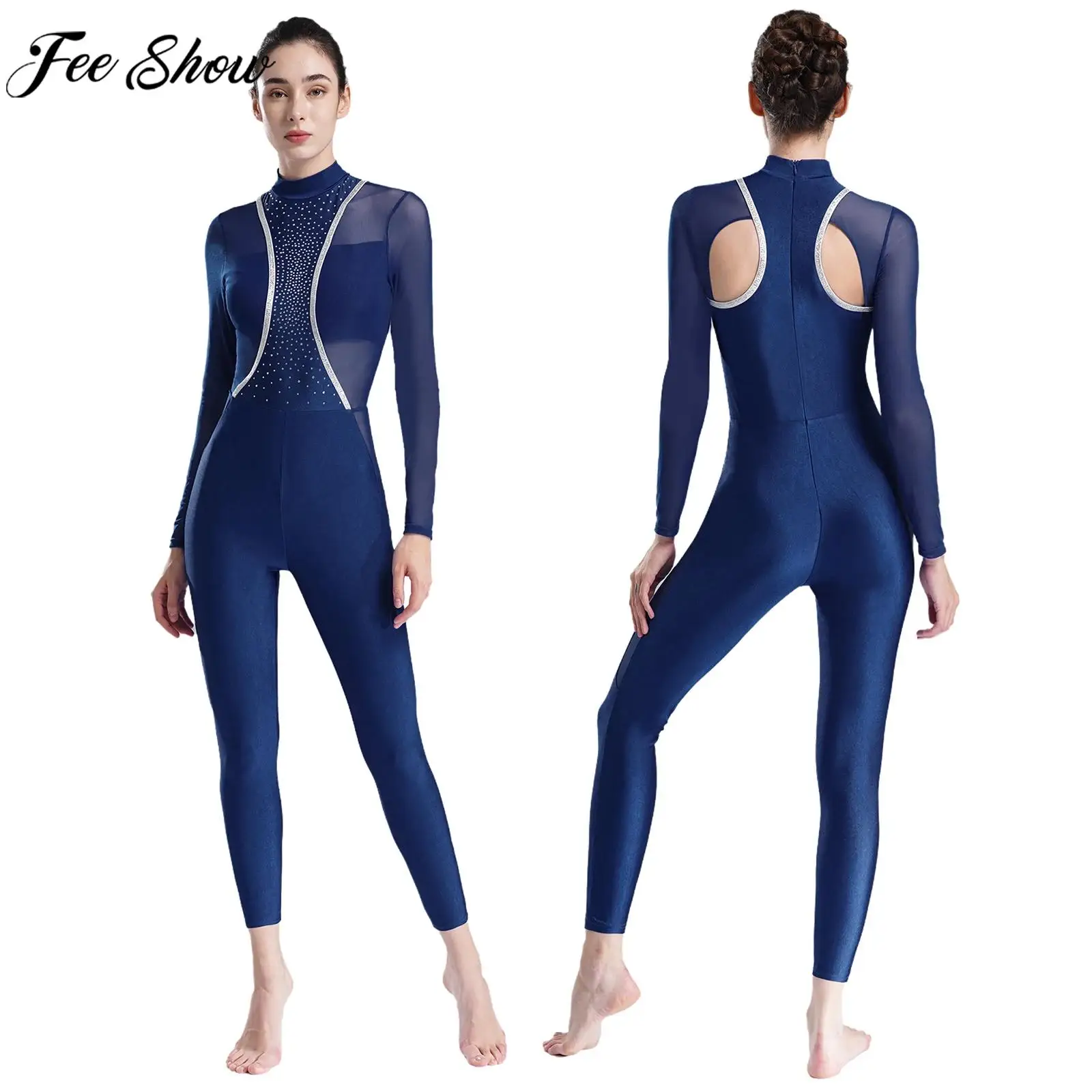 

Women Gymnastics Dance Bodysuit Ballet Figure Skating Acrobatics Yoga Jumpsuit Long Sleeve Cutout Mesh Shiny Rhinestones Leotard