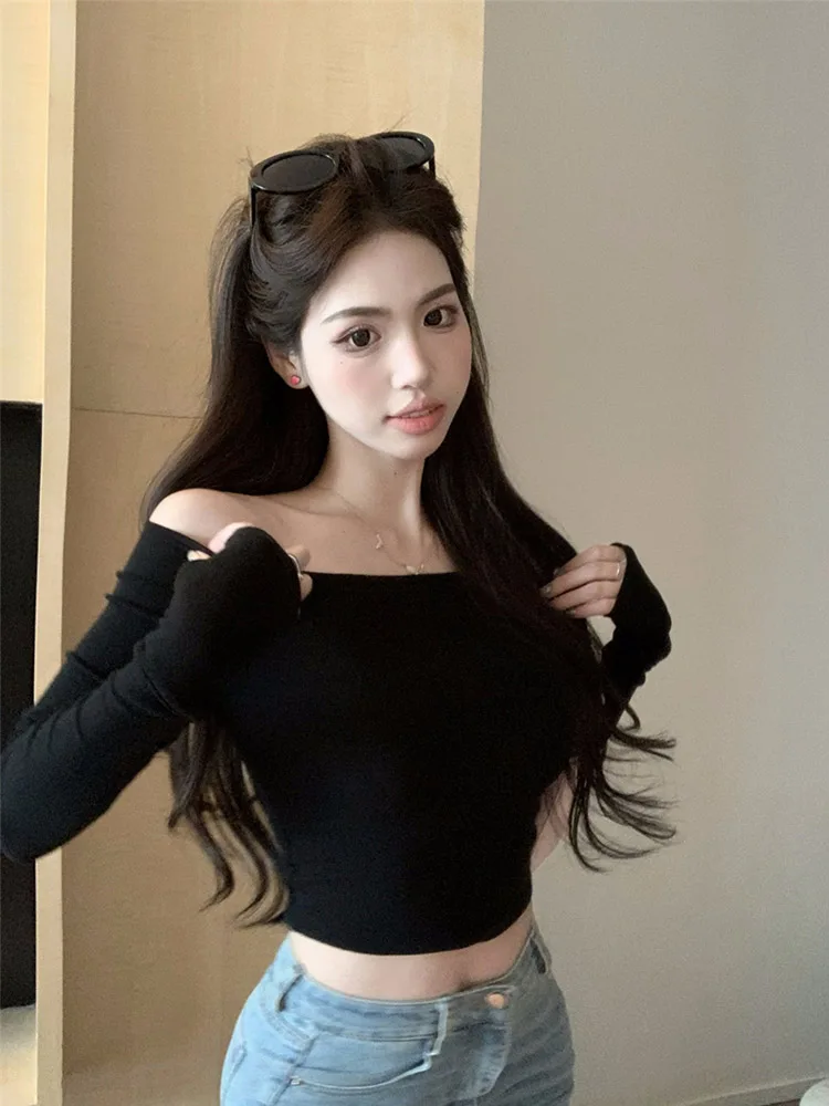 Women's Slim Fit Long Sleeve T-Shirt Cotton Crop Top Black White Slash Neck Tee Shirt Sexy Femme 2026