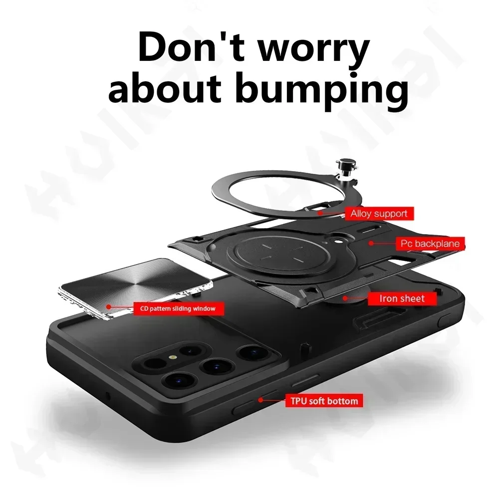 حافظة مضادة للصدمات مغناطيسية لهاتف سامسونج جالاكسي S24 S23 Ultra S23 24 Plus S23FE غطاء حامل حلقي للكاميرا الدوارة