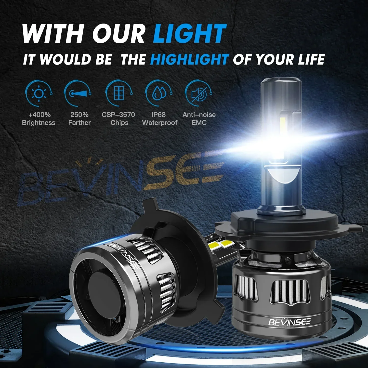 BEVINSEE 2x V45 H4 9003 HB2 Vehicle Lamp Conversion Kit Hi/Low Beam 6500K 22000LM LED Car Headlight Bulbs