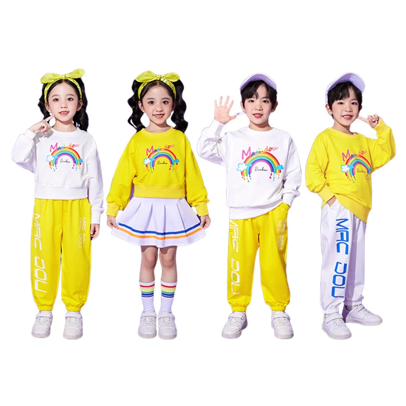 Child Hiphop Style Streetwear Clothes Set Kids Rainbow T-shirt Trousers Dance Costume Suit Twin Boy Girl Performance Clothing