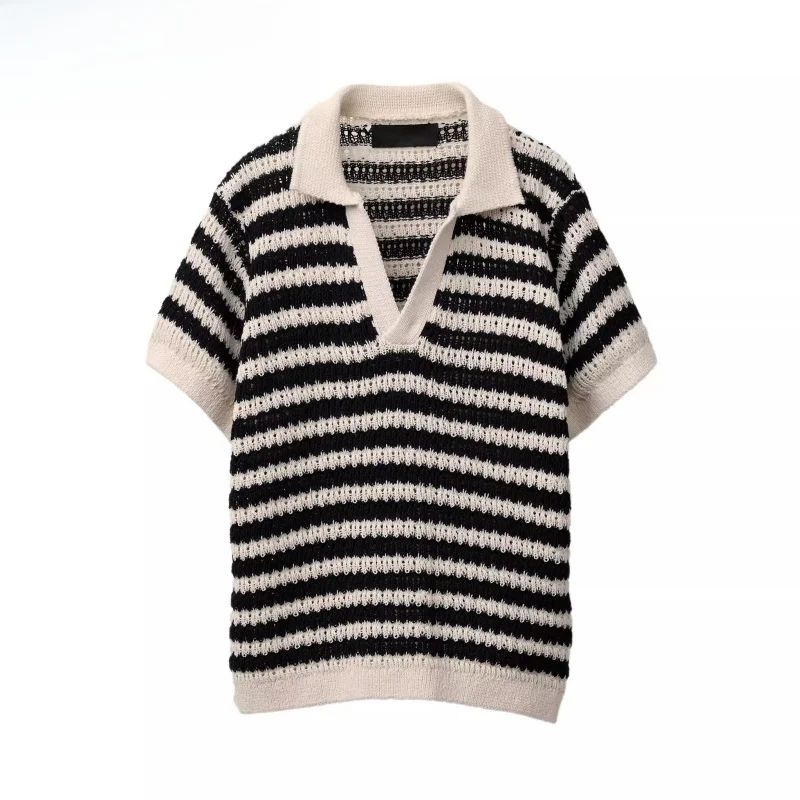 

Новое поступление лета, женский простой трикотаж в полоску с v-образным вырезом, повседневный трикотаж, свободный крой, стандартная длина све