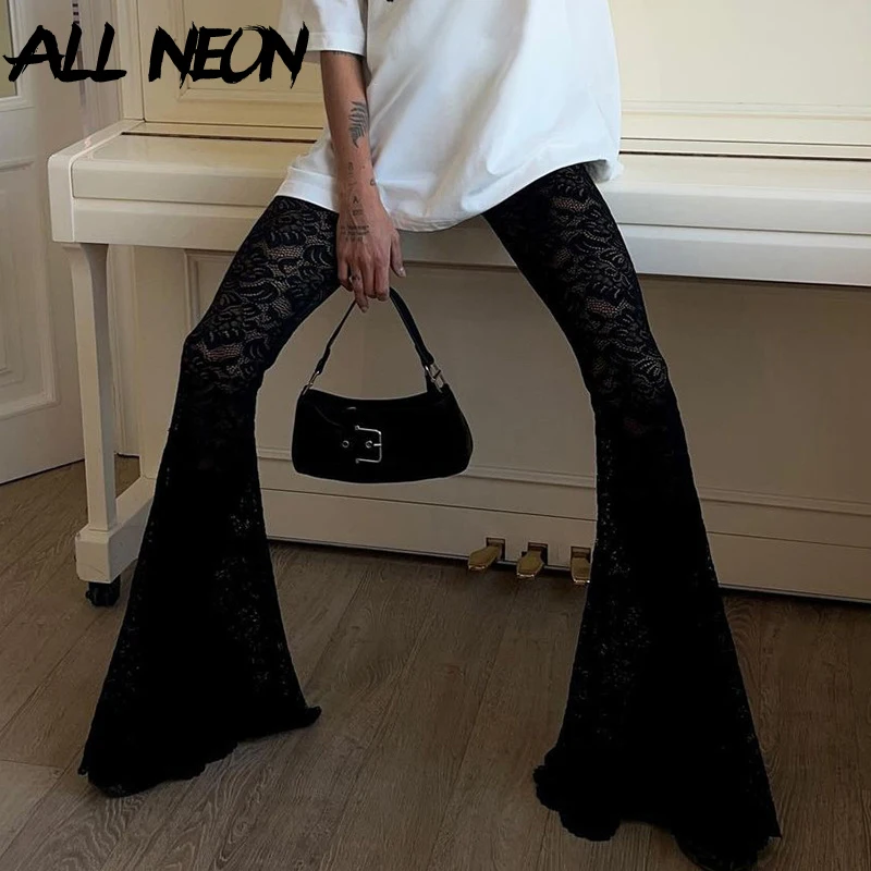 ALLNeon Cyber Y2K Fashion High Waist Lace See Through Long Pants Basic Bottoms Sexy Coquette Sheer Flare Pant 90s Grunge Trouser