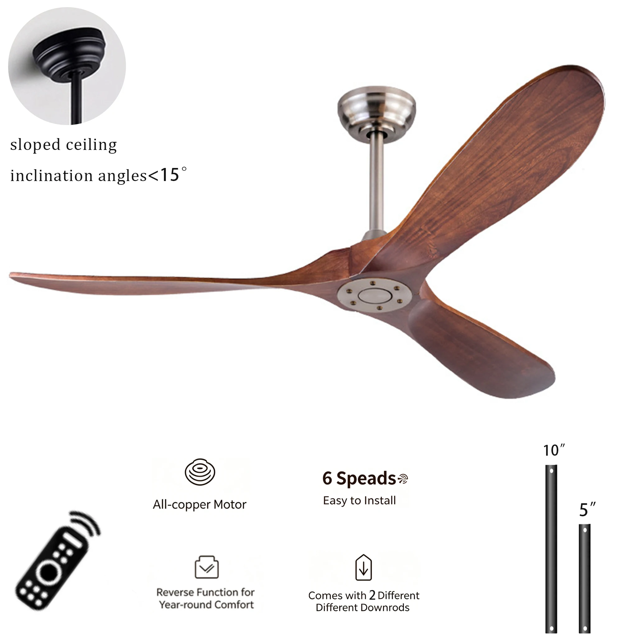

42 52 60inch Wood Ceiling Fan with Remote 6 Speeds Quiet All Copper Motor Electric fan Easy Install fans for Living Room