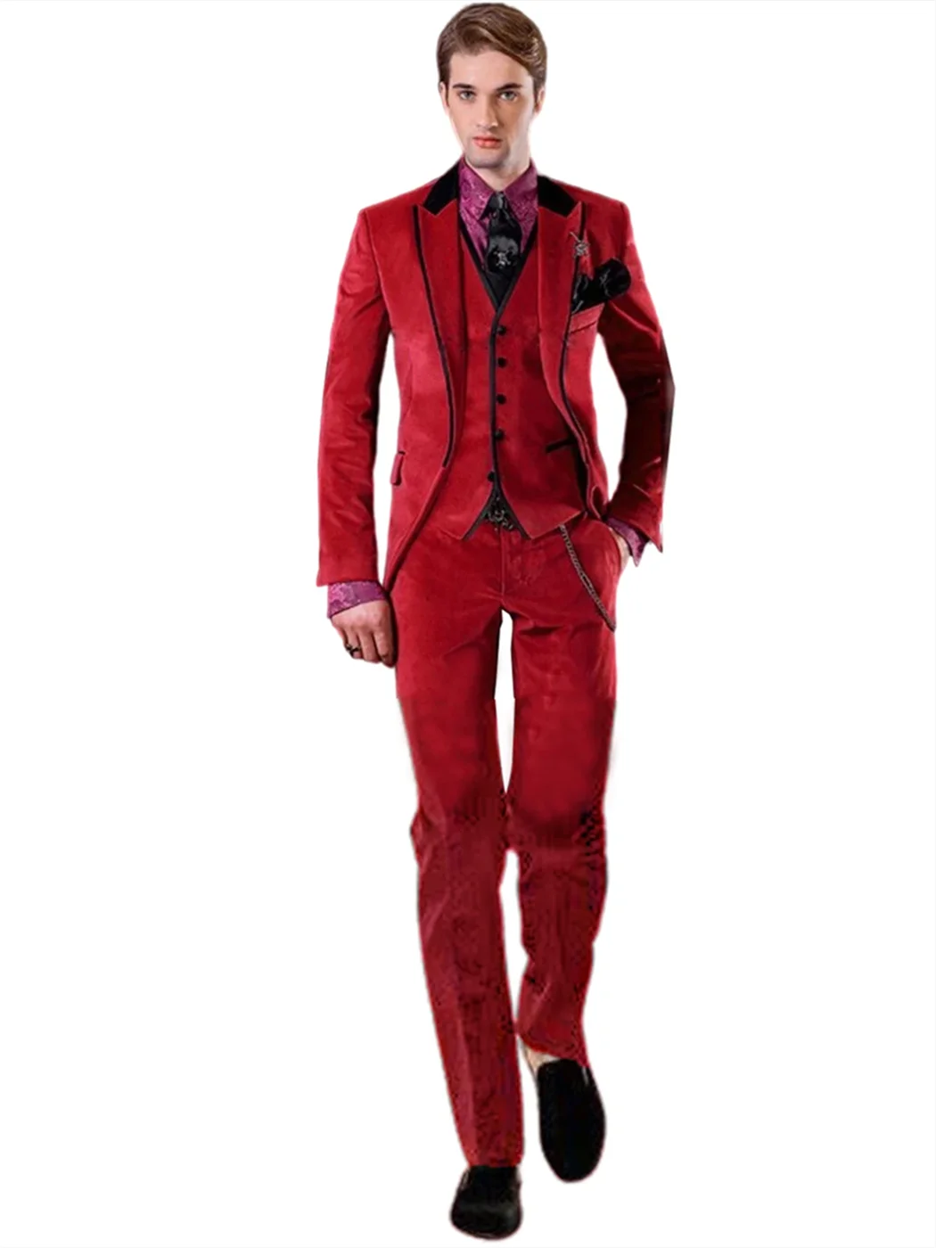 3 Pieces Men\'s Red Velvet Suit Tuxedos Single Breasted Jacket Vest Pants Wedding Prom Banquet Busienss Tuxedos