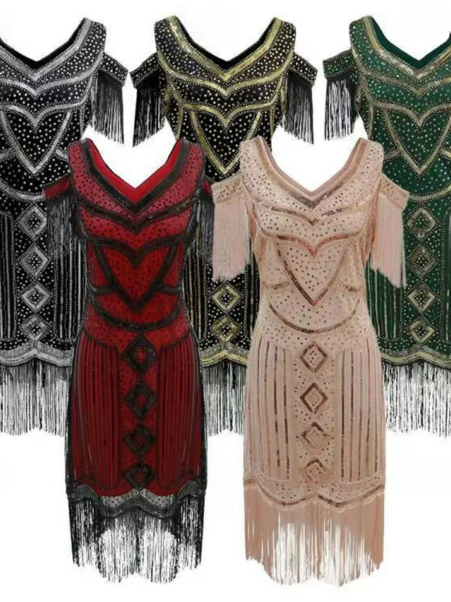 

Retro 920s Sequin Beaded Tassel Dr loween Par High-End Evening Gown ort Sve Slim Fit KTV Costume Fem Faion