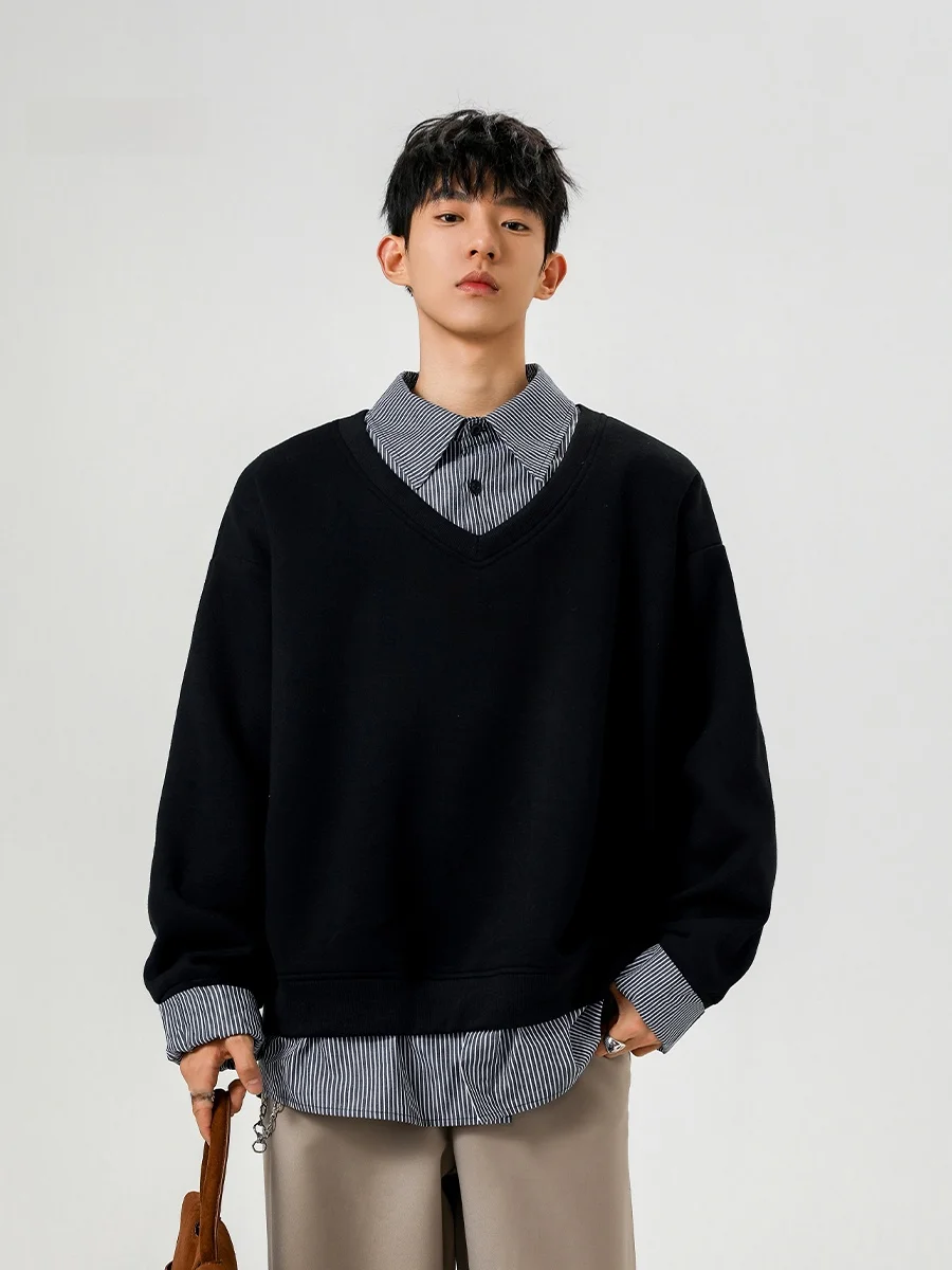 

High nce American Splice Fake Two-Piece Hoodie Men's Trendy Vintage Heavyweight Loose Collar irt Autumn