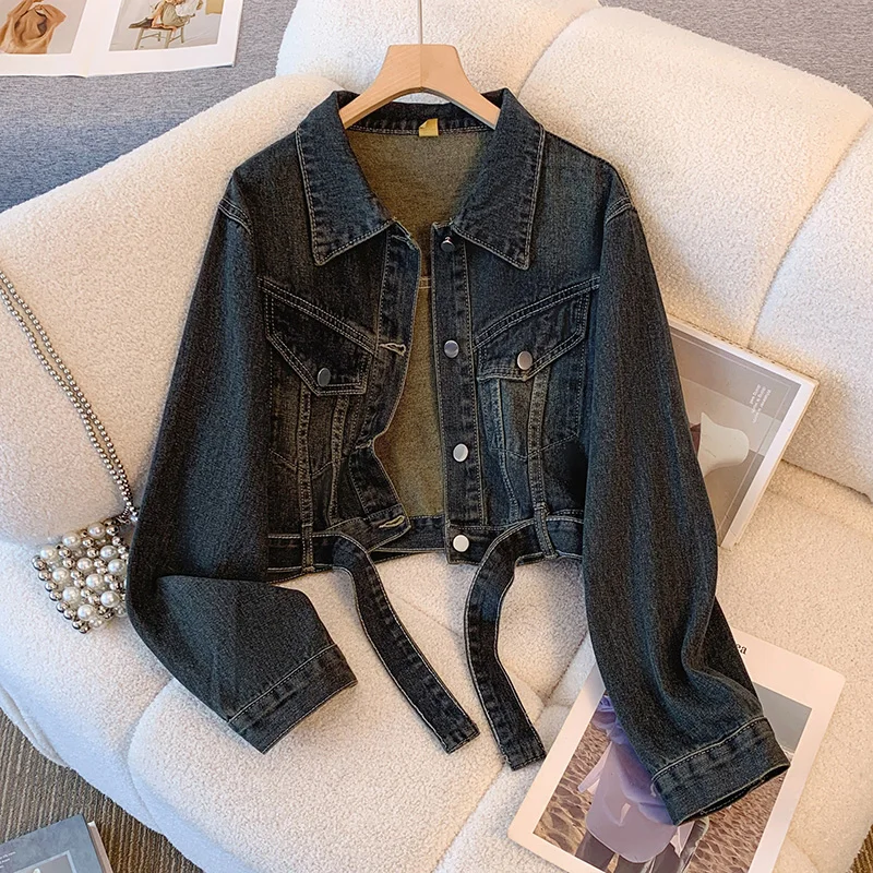 

Vintage Washed Women's Denim Jacket Spring Autumn Loose All Match Long Sleeved Solid Color Single Breasted Short Tops