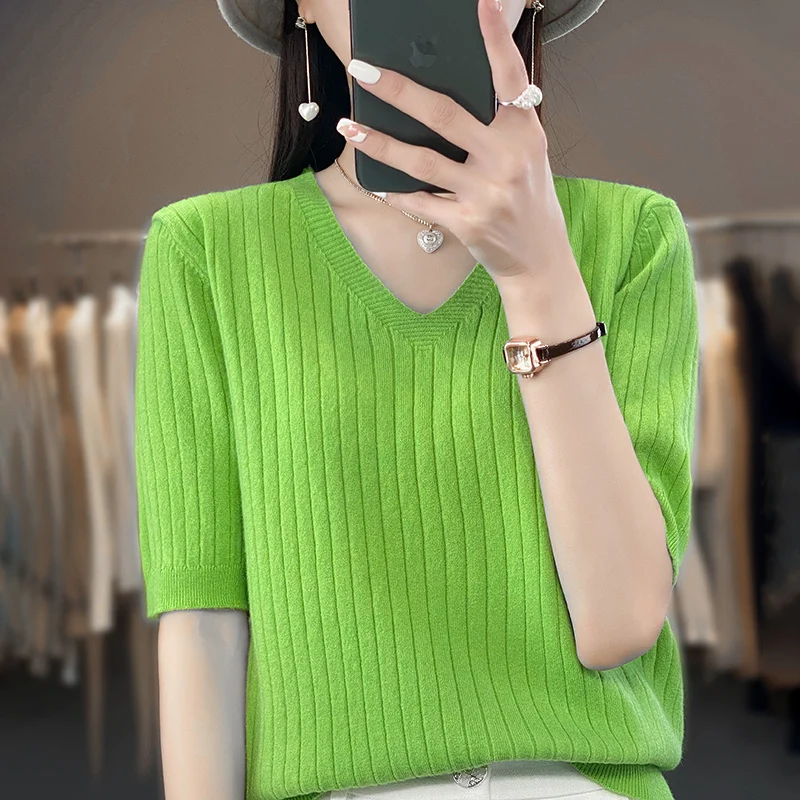 Spring And Summer New V-neck Short-Sleeved Women's Pullover Knitted Bottoming Shirt Half Sleeve Thin Solid Color Sweater