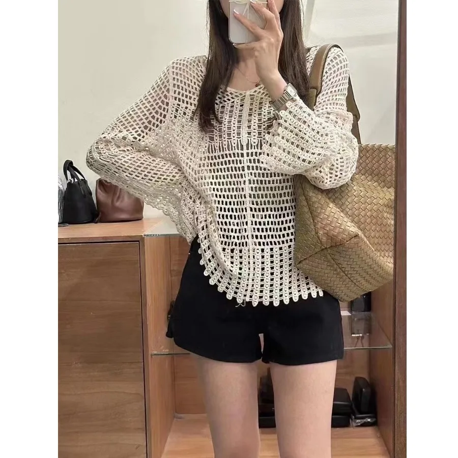 

Long Sve Hollow out Thin Sun Protection Knitted Sweater Women's Summer New Loose Outerwear irt Bright Tead Detail