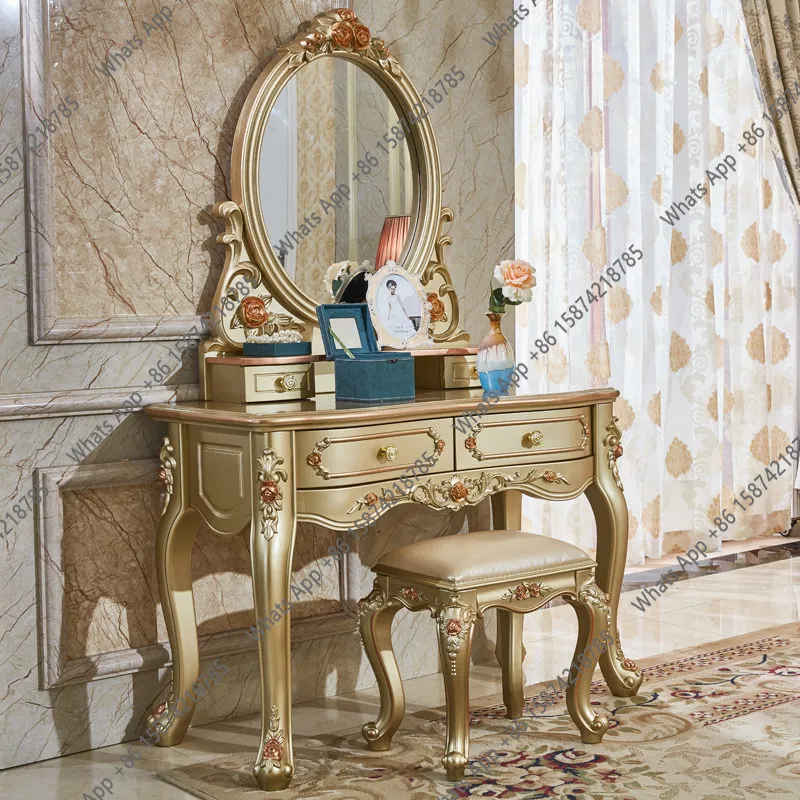 

European Dressing Table Bedroom Champagne Gold Multifunctional Mini Vanity Table Luxury Furniture Set Combo