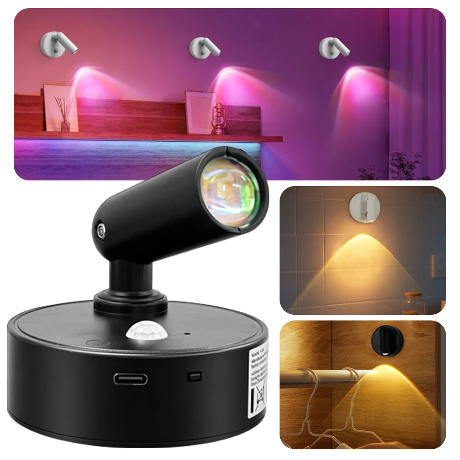 Lámpara de Pared con Sensor de Movimiento, Foco LED Recargable, Luz Nocturna Magnética Inalámbrica 360 °   Lámpara Decorativa Interior Giratoria Táctil con Regulación de Intensidad