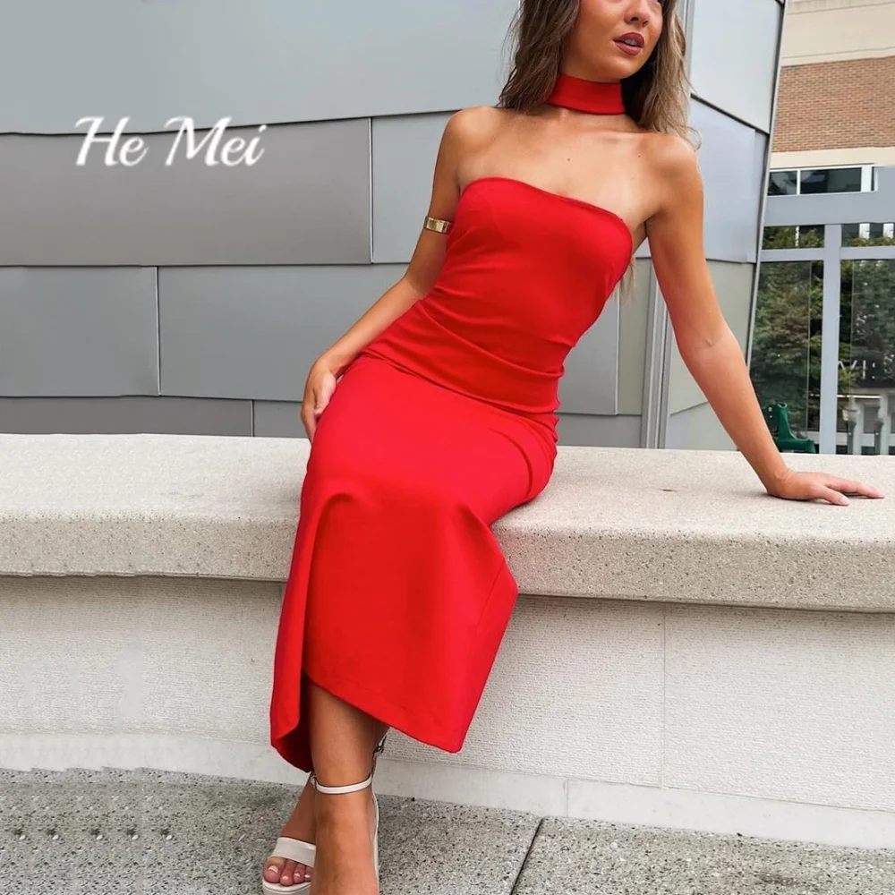 

He Mei Simple Prom Dress For Women Halter Sexy Evening Gowns Straight Ankle Length Party Dresses فساتين السهرة