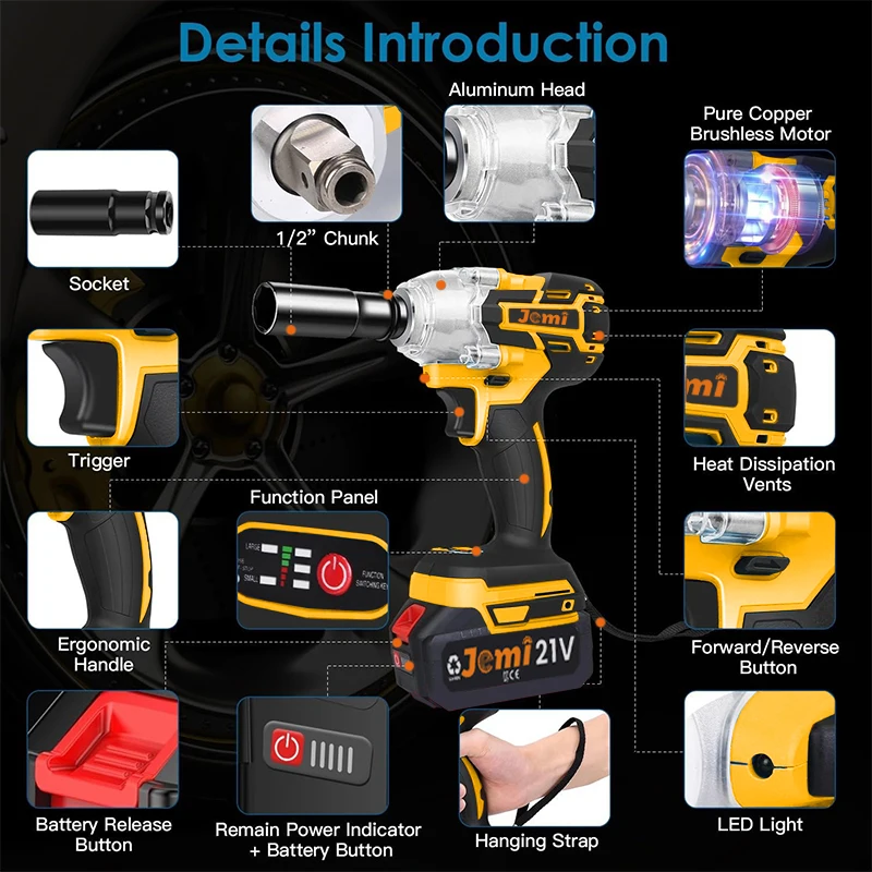 Jemi Tool Brushless Cordless Impact Wrench,1/2\