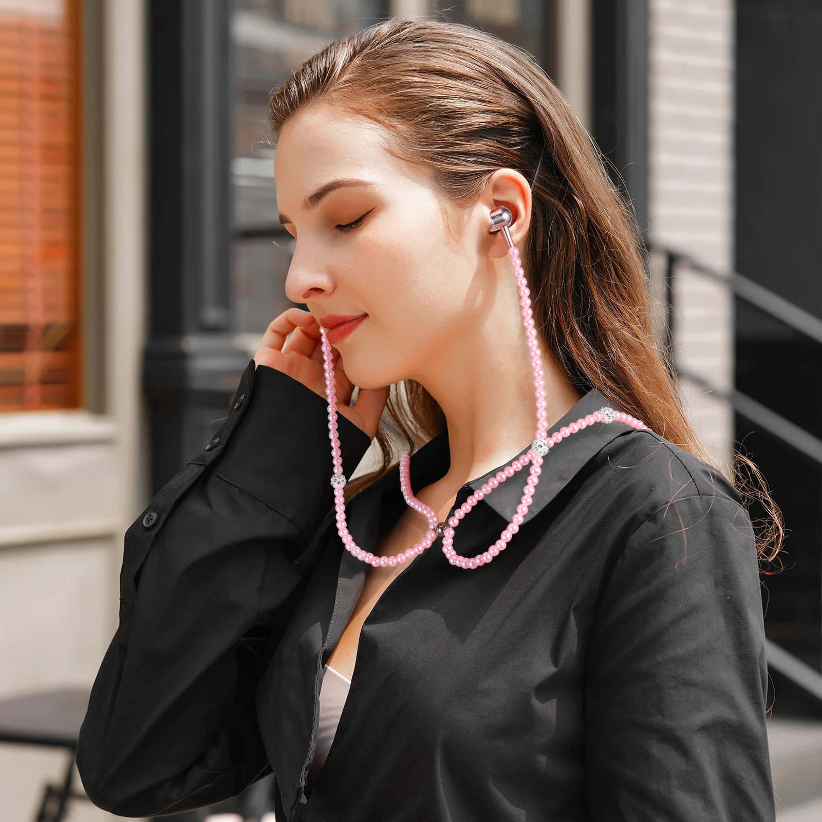 

Pearl Chain Design Noise Cancelling In Ear Headphones With Mic Comfort Fit Wireless Sport Running Gym Travel Lightweight Pink