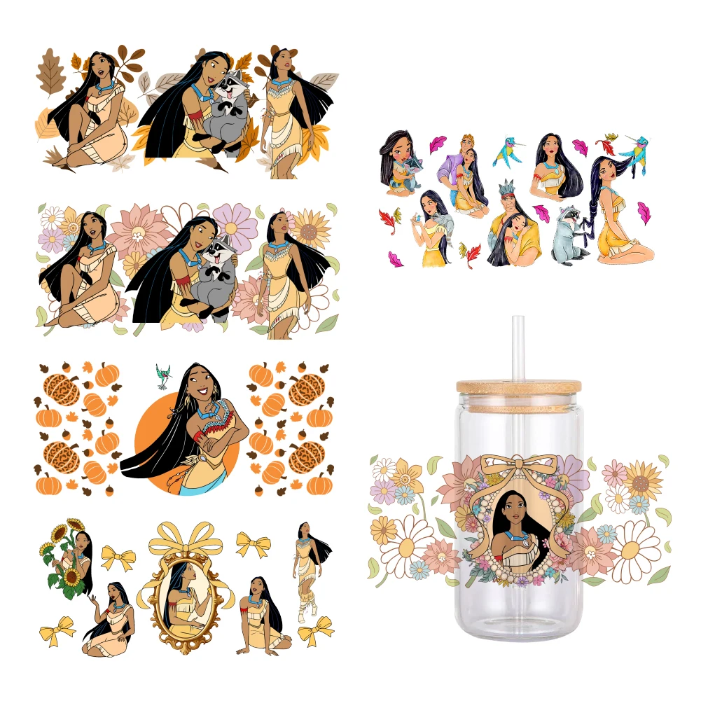 

11x24cm Disney Princess Pocahontas Designs For Libbey 16oz Can Glass 3D Waterproof UV DTF Coffee Can Wrap Libbey Glass Wrap