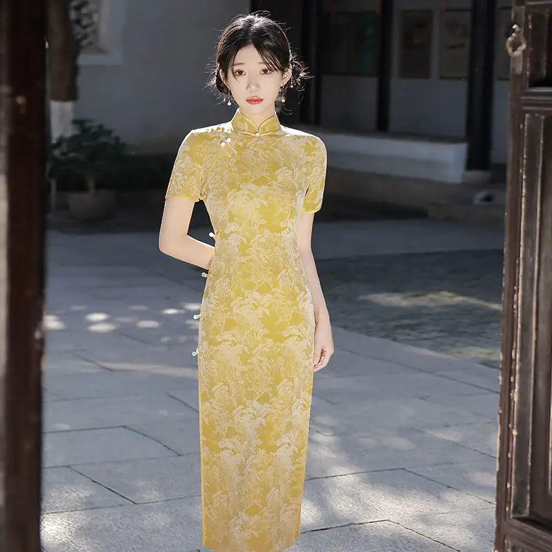 Yellow Long Cheongsam Women Short Sleeve Slim Vintage Dress Party Costume Dresses S To XXL Qipao Green