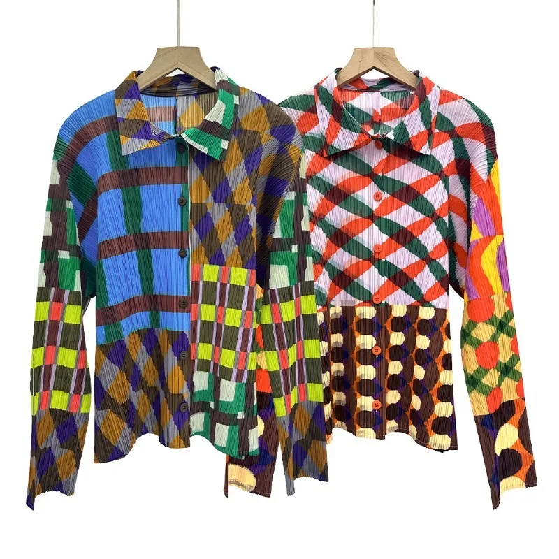 

Miyake Plaid Shirt T-shirt Women's New Fashion Printing Loose Versatile Long-sleeved Jacket Blouse Japan Original Women Clothing