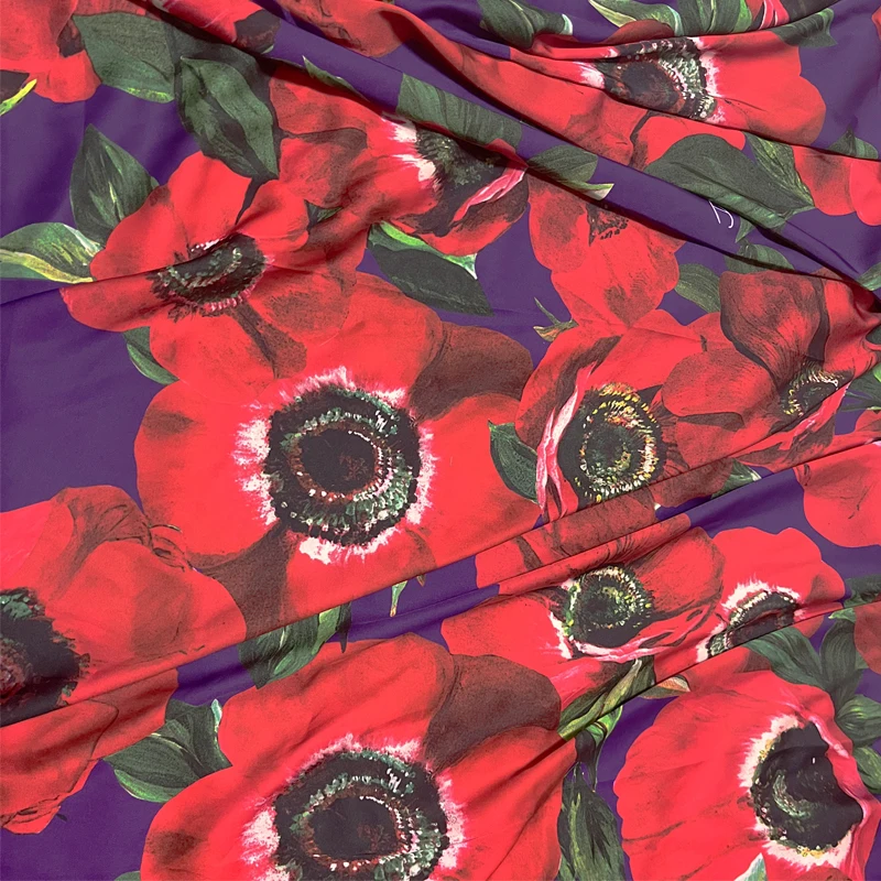 Europe And America Big Papaver Flower Printed Thin Chiffom Or Satin Fabric For Dress Blouse DIY Cloth Tissu tessuto Материалы