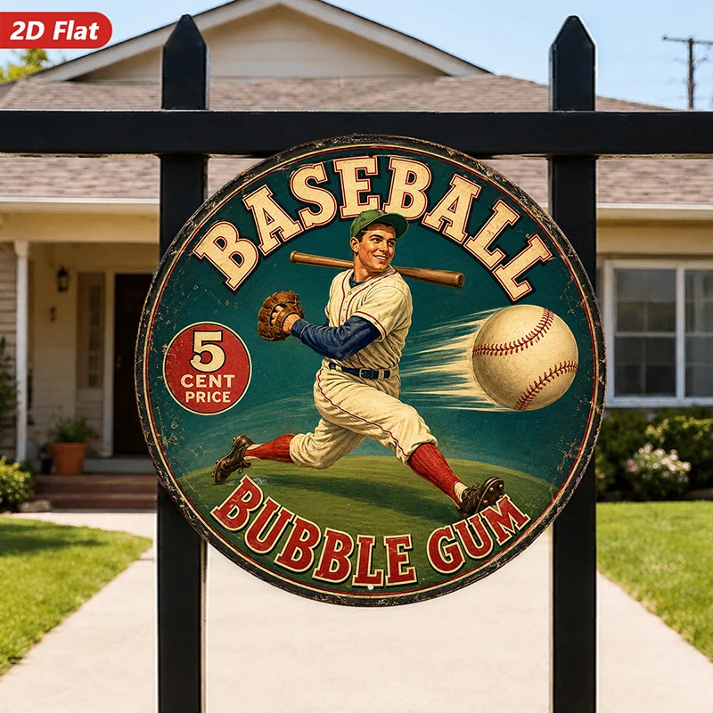 2D Flat, 1pc Vintage Baseball Player Round Metal Sign Wall Art, Home Decor, Baseball Bubble Gum Theme, Retro Sports Illustration