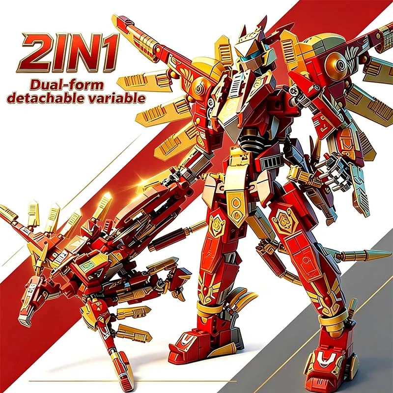 2 IN 1 Divine Beast Vermilion Bird Mecha Building Blocks Transformable Robot Childrens Toys Birthday Christmas Gifts