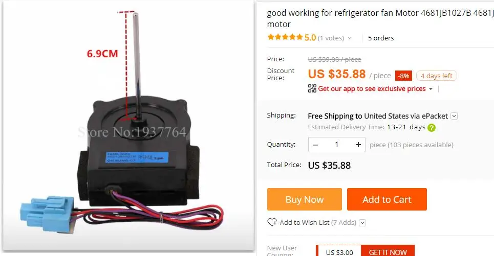 Nowy oryginalny, dobrze działający silnik wentylatora lodówki 4681JB1027B 4681JB1017D silnik wentylatora chłodzącego