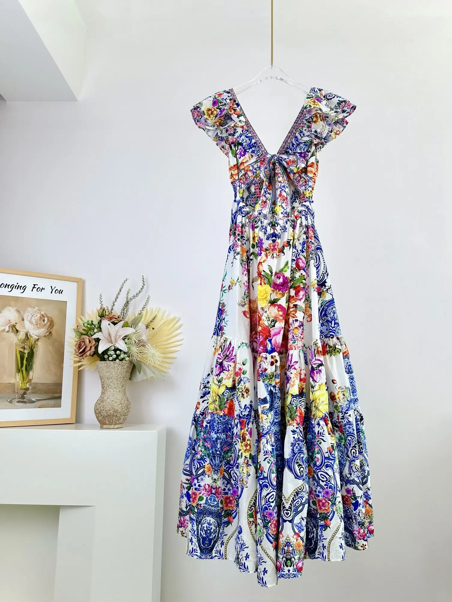 Women Back Bowknot Robe Floral Printed Beaded V-Neck Butterfly Sleeve Elegant Maxi Dress