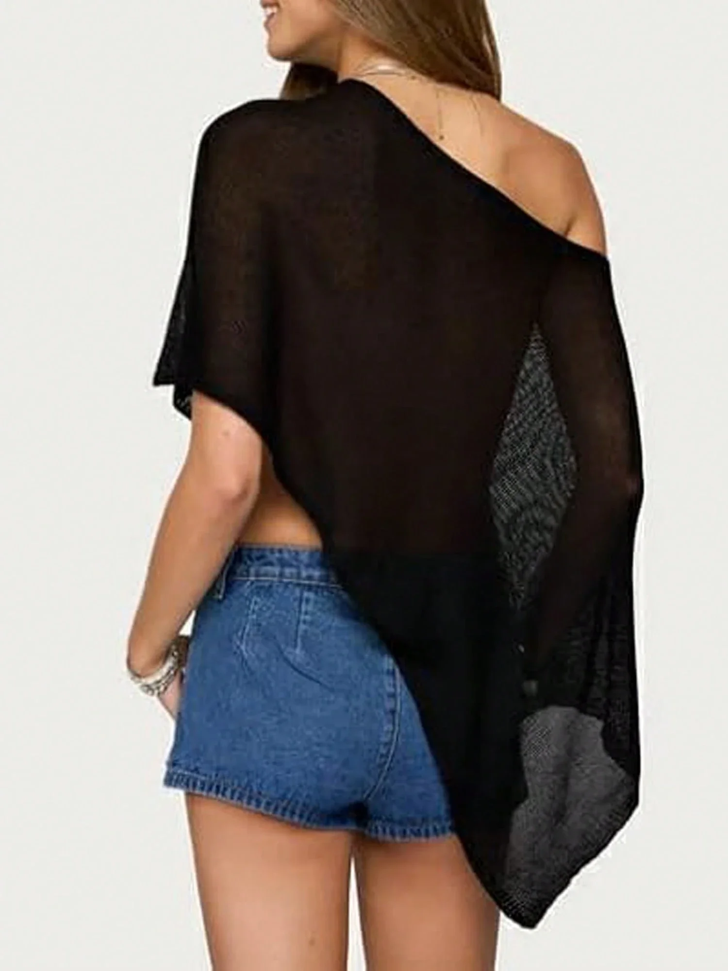 

Women Sheer Knit Off Shoulder Asymmetric Shrug Cover Up Top Lightweight See Through Pullover Summer Beach