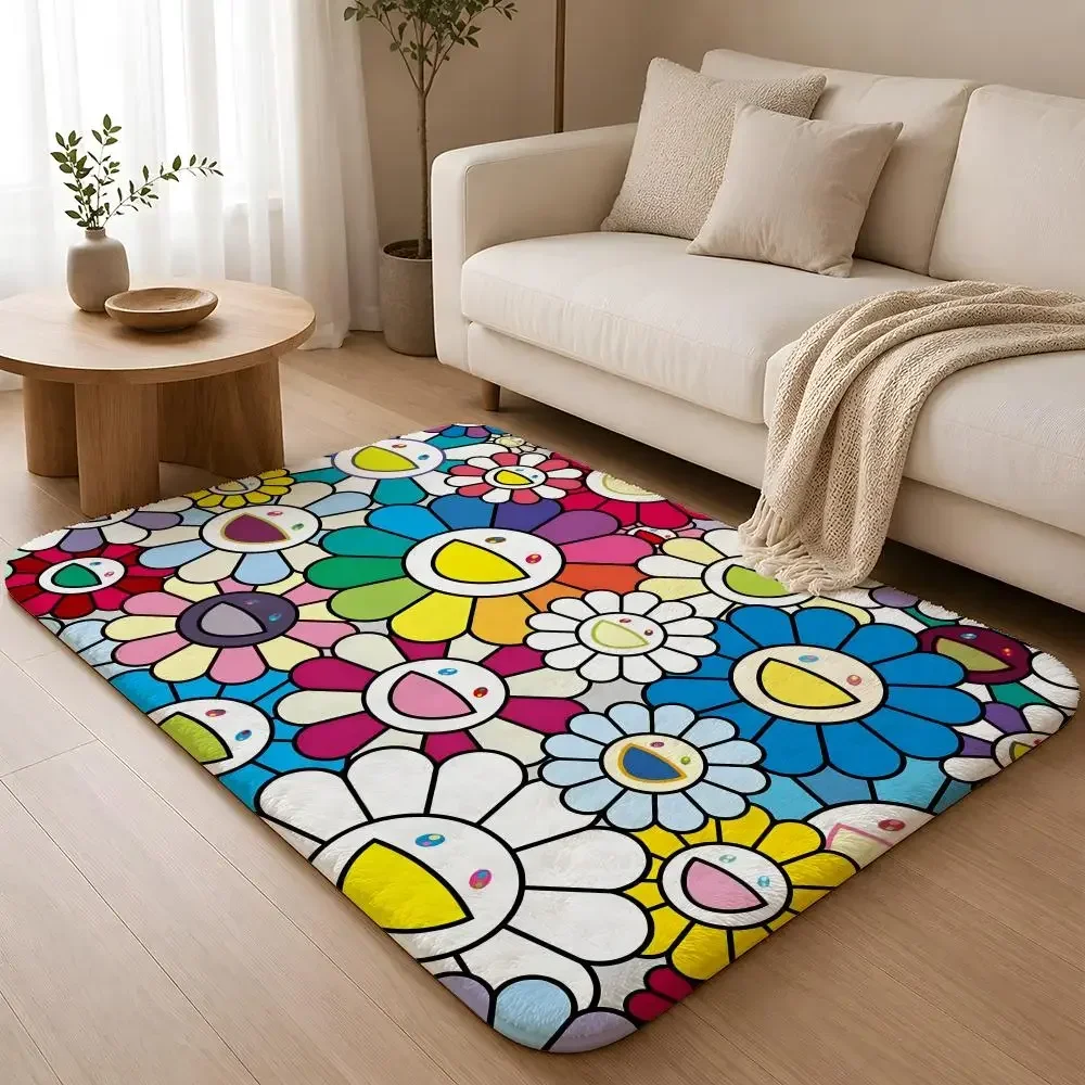 T-Takashi M-Murakami K-Kawaii Floor Mat Machine Washable Soft Flannel Area Rug, Non-Slip Absorbent Floor Mat for Living Room