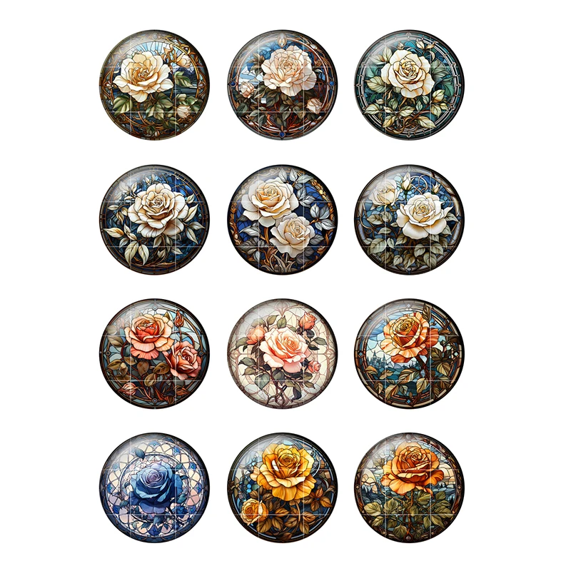 24pcs/lot Colored Rose Flower Art Patterns 8mm/12mm/20mm//25mm Round Photo Glass Cabochon Demo Flat Back Making Findings H305
