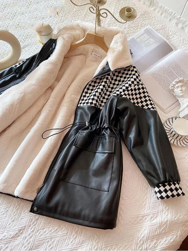 Winter Women Mid-length Velvet Cashmere Parka Sheepskin PU Leather Jacket  Faux Fur Leather Checkerboard Jacket