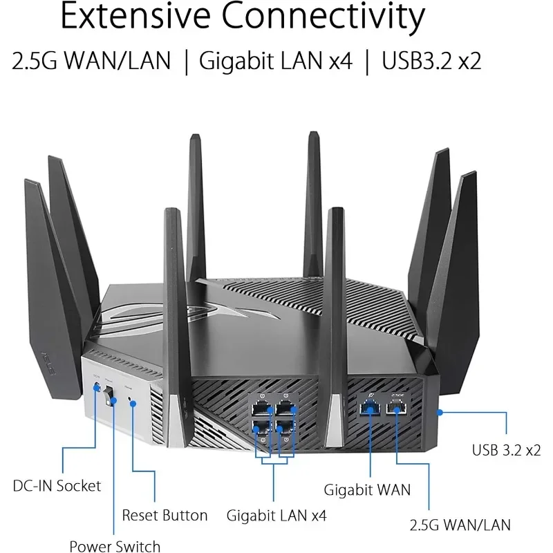 ROG Rapture GT-AXE11000 Tri-band WiFi 6E Extendable Gaming Router, 6GHz Band, 2.5G Port, Triple-level Game Acceleration,