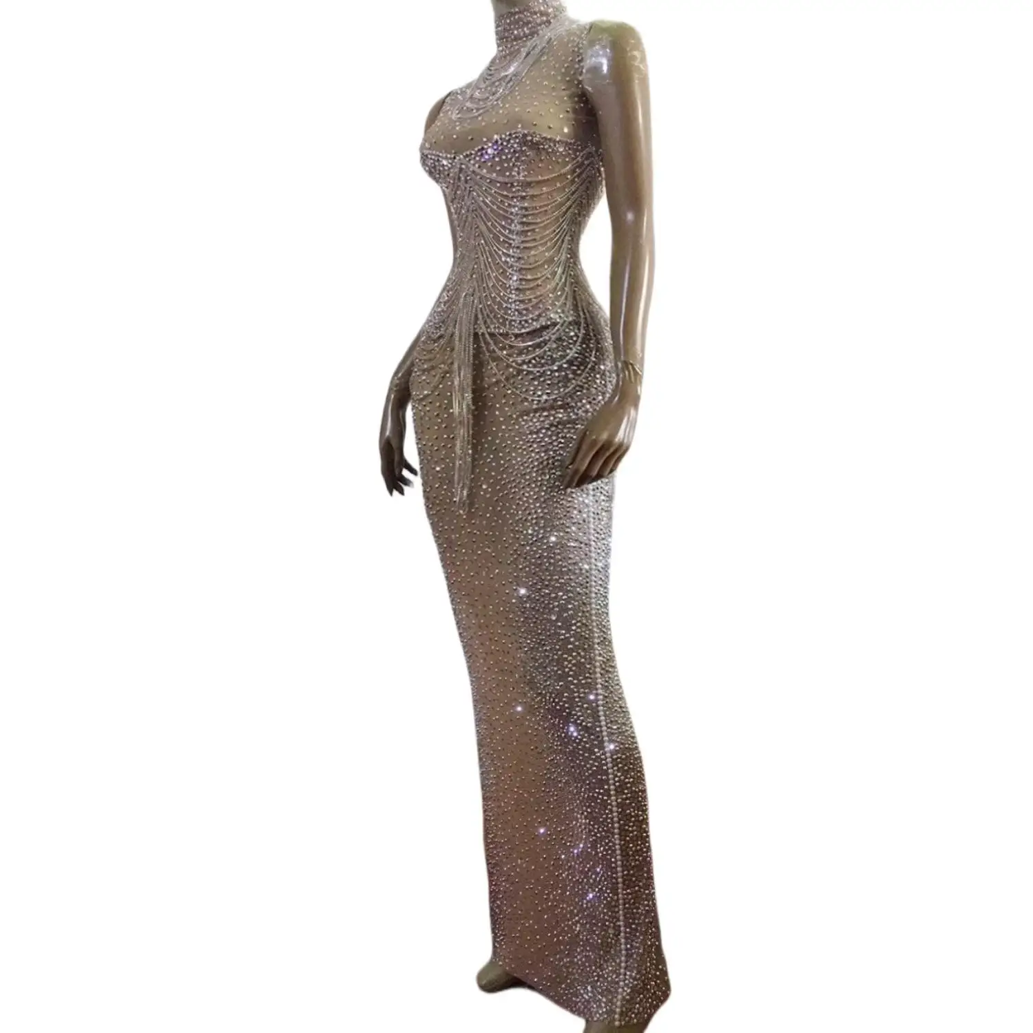 Fengshenchangqun Silver Rhinestone Fringe Sheer Mesh High Neck Maxi Dress for Drag Queen Burlesque Cabaret Stage Performances