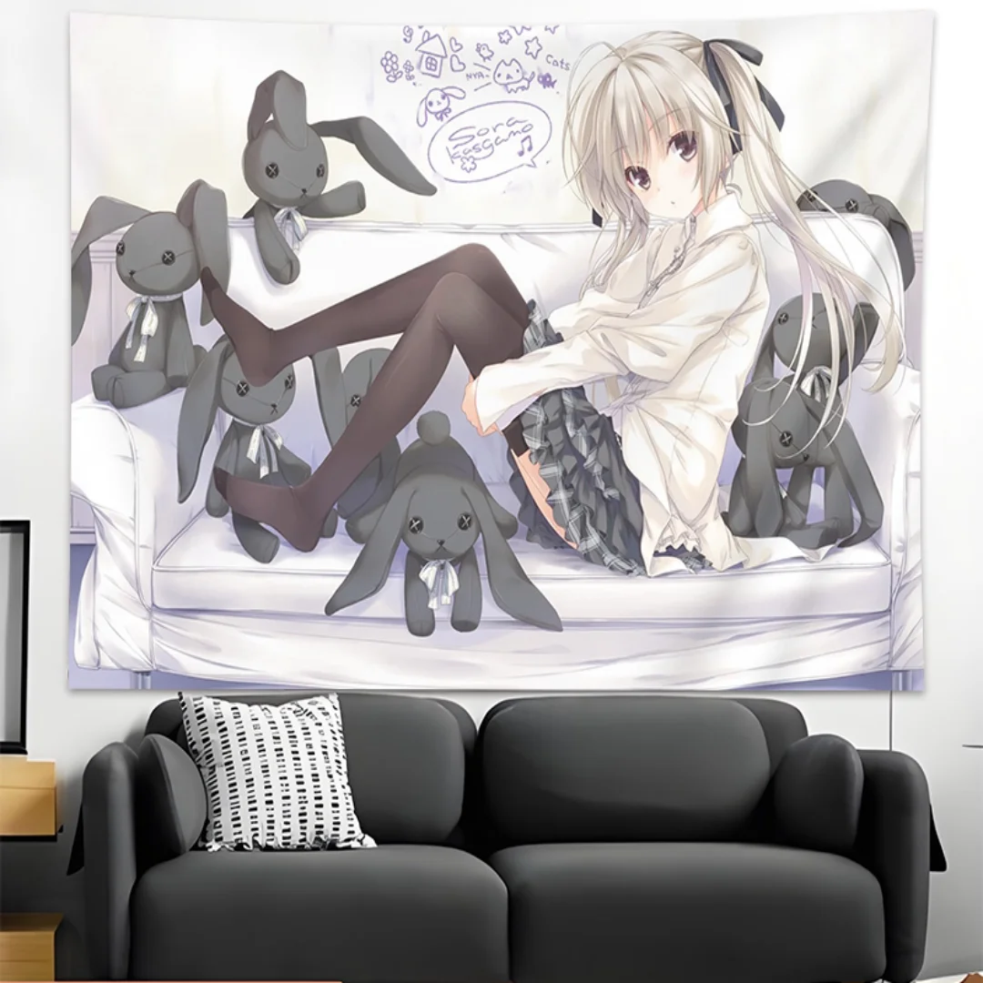 Yosuga no Sora Sora Kasugano Tapestry, Cute Long Silver Hair Anime Girl Wall Hanging, Black Rabbit Doll Cherry Blossom Sky Print