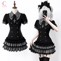 Japanese Gothic Lolita Y2k Plaid Puff Short Sleeve Dress Women Black Fake 2 Piece Cake Mini Dress Harajuku Summer Y2k Outfit