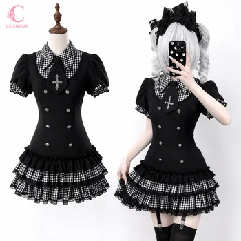 Japanese Gothic Lolita Y2k Plaid Puff Short Sleeve Dress Women Black Fake 2 Piece Cake Mini Dress Harajuku Summer Y2k Outfit