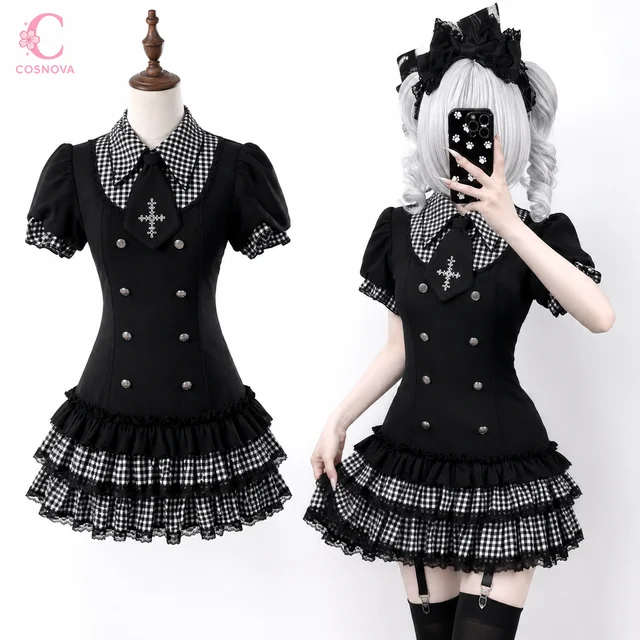 Japanese Gothic Lolita Y2k Plaid Puff Short Sleeve Dress Women Black Fake 2 Piece Cake Mini Dress Harajuku Summer Y2k Outfit