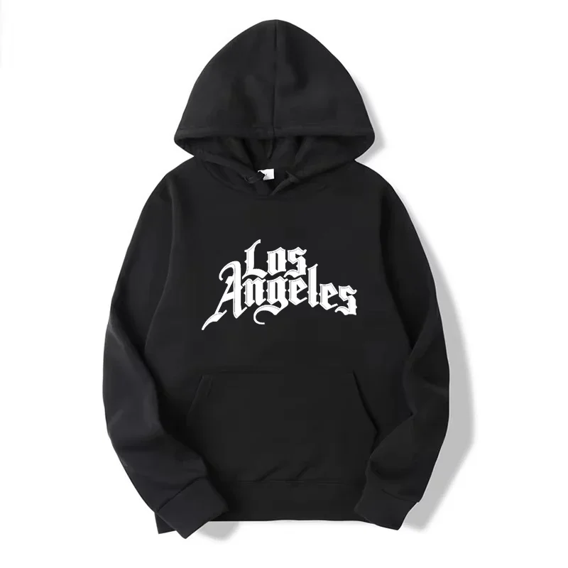 Los Angeles Hoodie Gothic Script Letter Print Streetwear White Unisex Men Women Oversized Casual Sweatshirt Long Sleeve