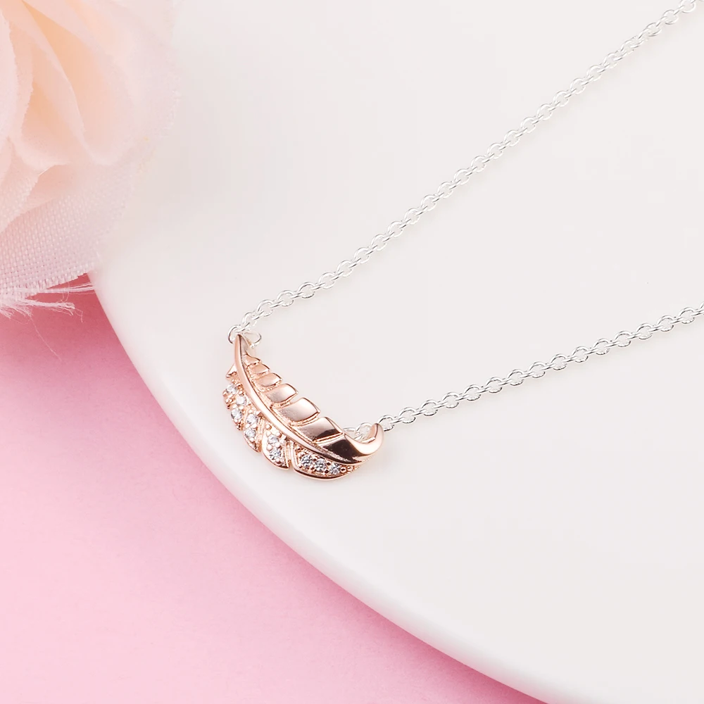 Two-Tone Floating Curved Feather Collier Ketten Fashion S925 New Sterling Silver Collier Choker Jewelry Female Chain Necklaces