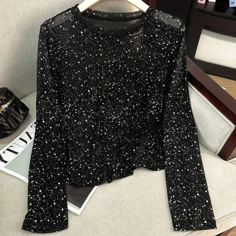 

Женская блузка-рубашка, новая элегантная черная блузка с длинным рукавом и круглым вырезом, черная, серебряная блузка, рубашка, женские топы, блузки, рубашки Blusas Camisas Q2107