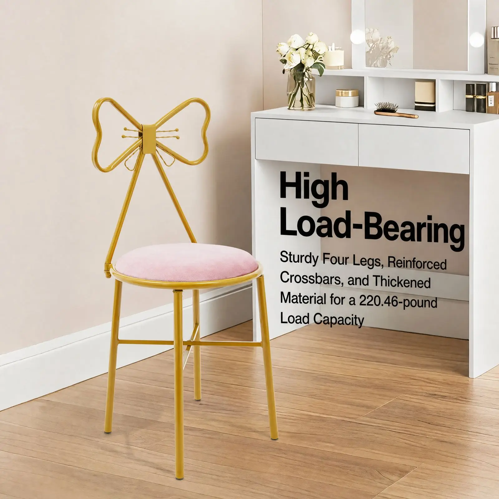 Pink Butterfly Backrest Vanity Chair Gold Plastic Sprayed Iron Frame 100kg Load Anti-slip Feet Girly Makeup Stool view 3