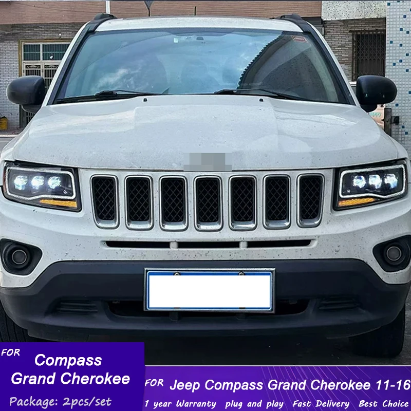 Upgrade Modified LED Headlamp Projector Lens, For 2011-2016 Jeep Compass & Grand Cherokee LED DRL & Dynamic Turn Signal Assembly