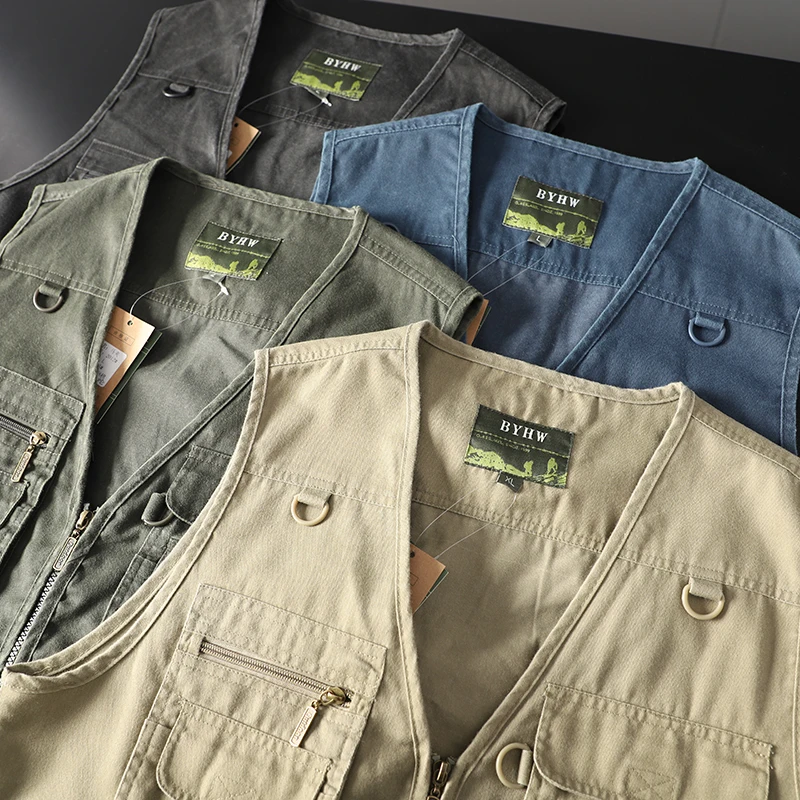 Retro Heavyweight Washed Pure Cotton Vest Outdoor Photography Multi-Pocket Workwear Functional Sleeveless Tank Top Youth Fashion