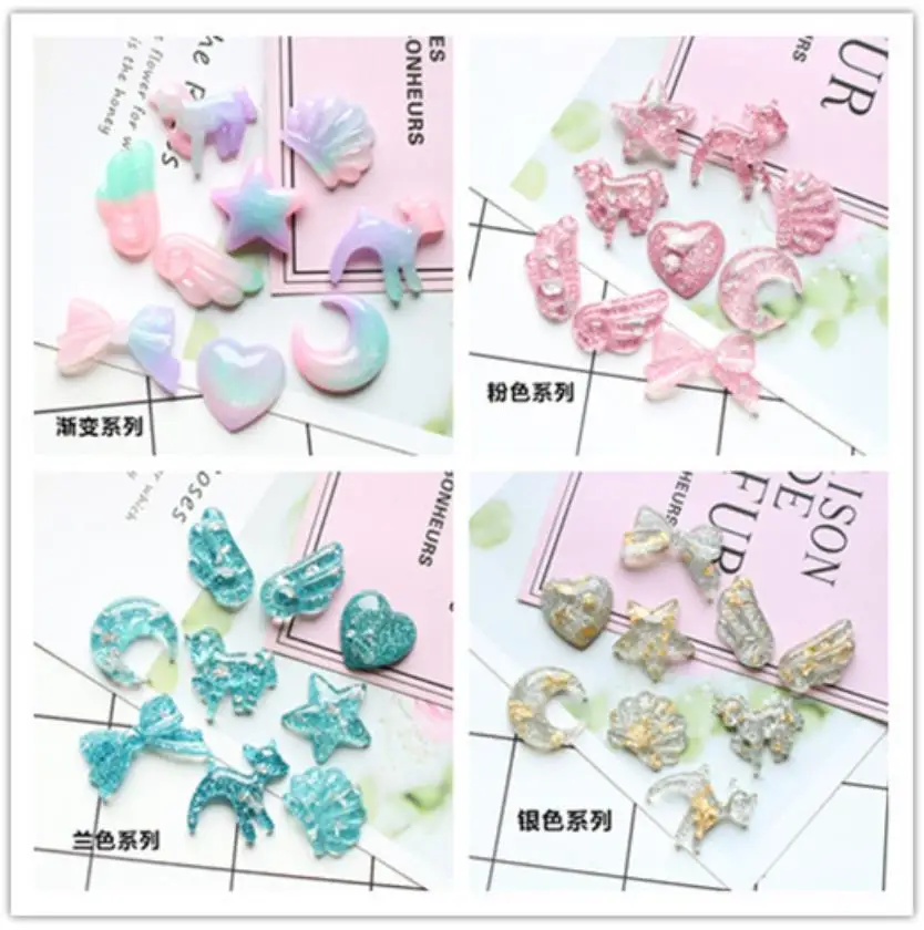 100pcs Kawaii Glitter Stars Wings Hearts Bowknot DIY Crafts Flatback Resin Cabochon Scrapbook Wedding Hairpin Accessories Craft