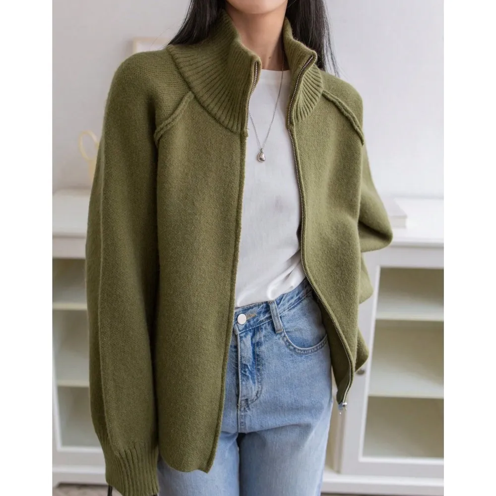 Women Button Down Zipper Knitted Cardigan Coat Loose Long Sleeved Sweatercoat Suitable Autumnwinter Casual Versatile Female Coat