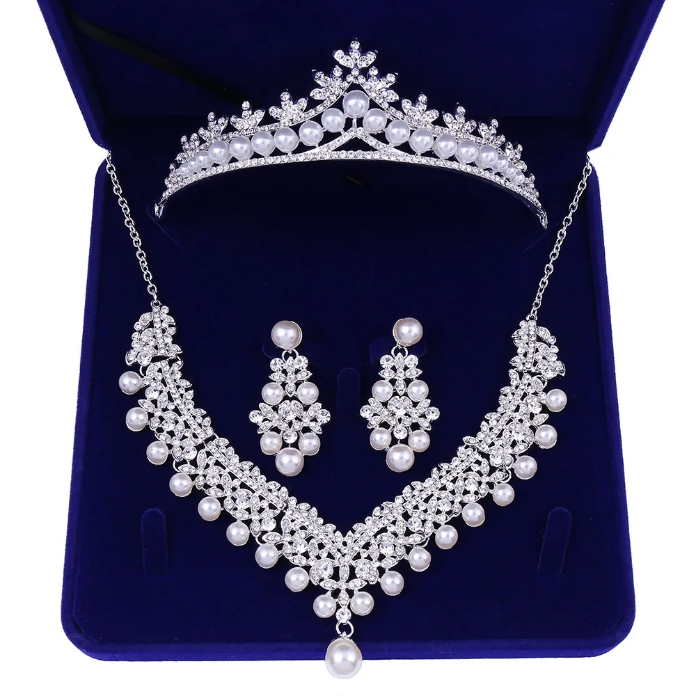 Fashion Zircon Bridal Jewelry Sets Wedding Crown Necklace With Earrings Pin Pearl Crystal Tiara And Crowns Hair Ornaments Women