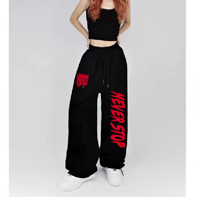 Black White Drawstring Design Sweatpants Women Street Dance Hip-hop Sports Pants for Women New Summer All-match Long Pants Woman